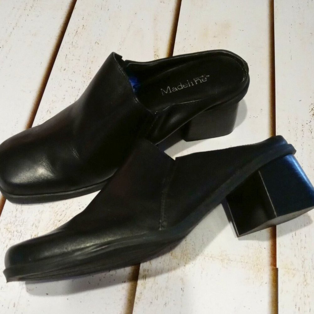 Women's Stuart Madeleine heeled  Mule shoes Black Leather Shoes Fable Size 7.5 M